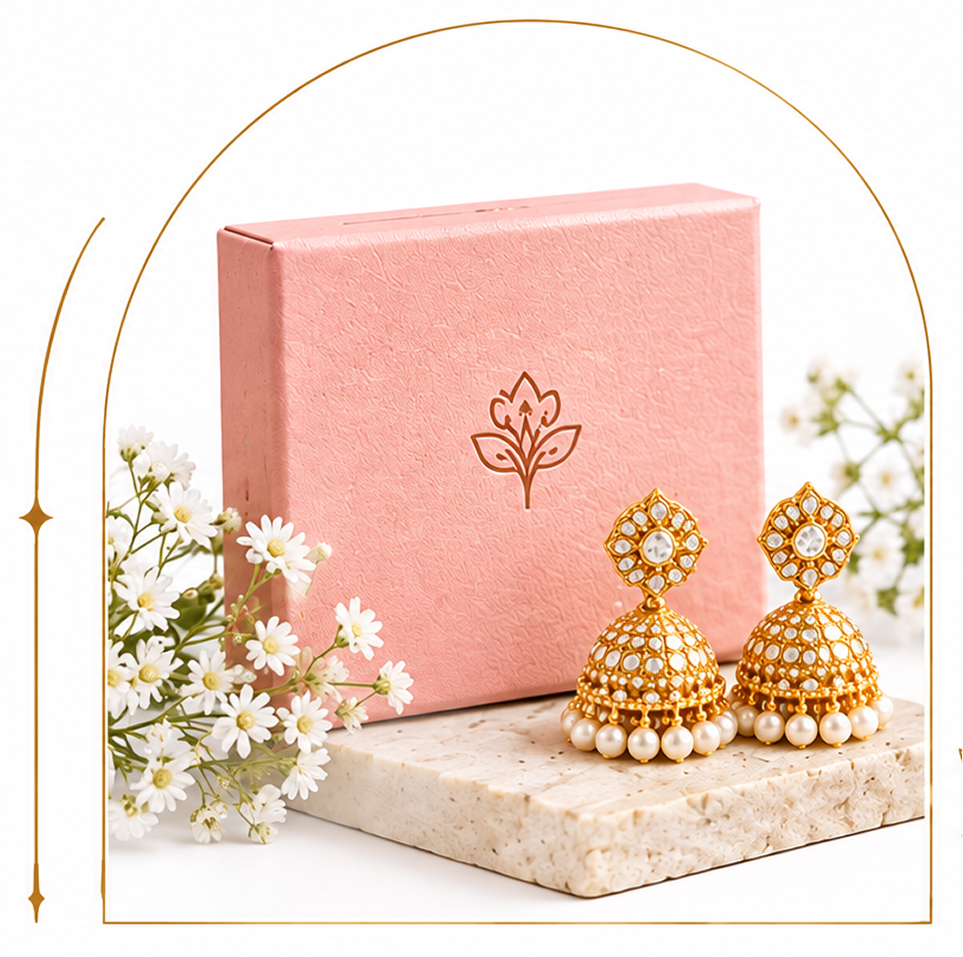 Our story — a pink gift box with gold jhumka earrings