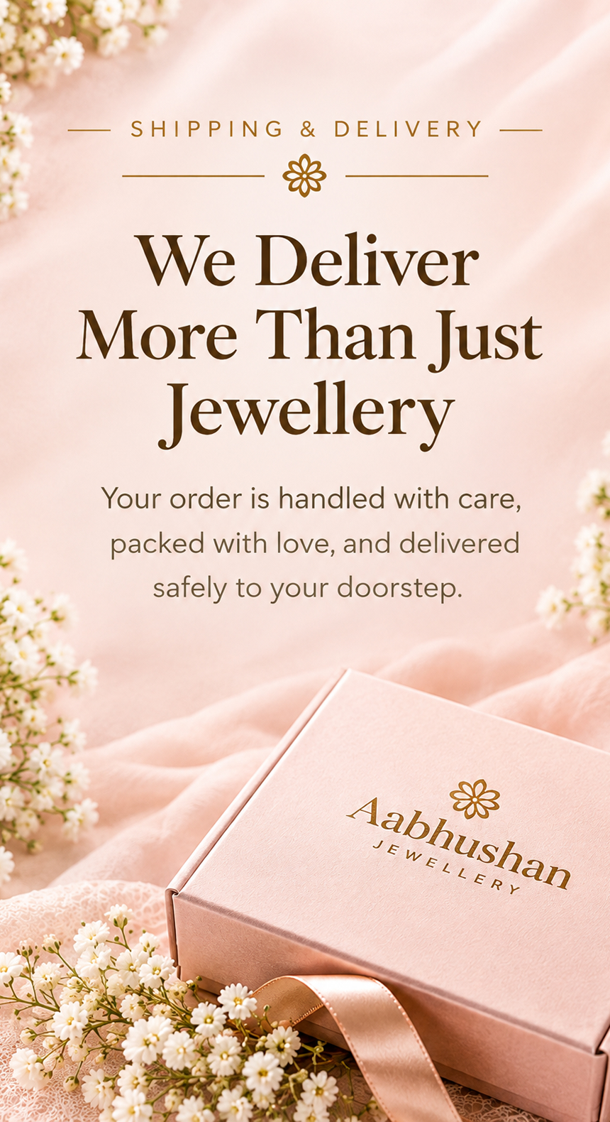 Shipping & Delivery — We deliver more than just jewellery. Your order is handled with care, packed with love, and delivered safely to your doorstep.